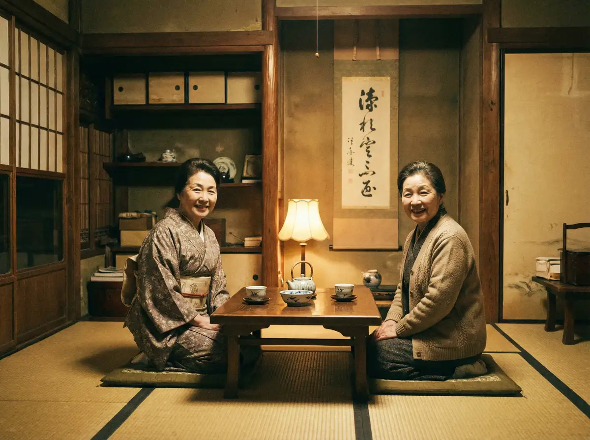 两位优雅的 欧宝体育 在日式茶室中品茶交谈